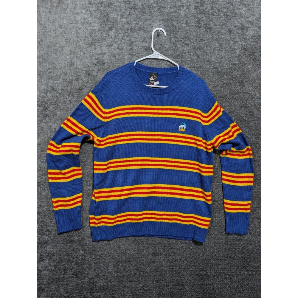 Disney x Forever 21 Mens Donald Duck Striped Knit Sweater Blue Red Yellow 1482